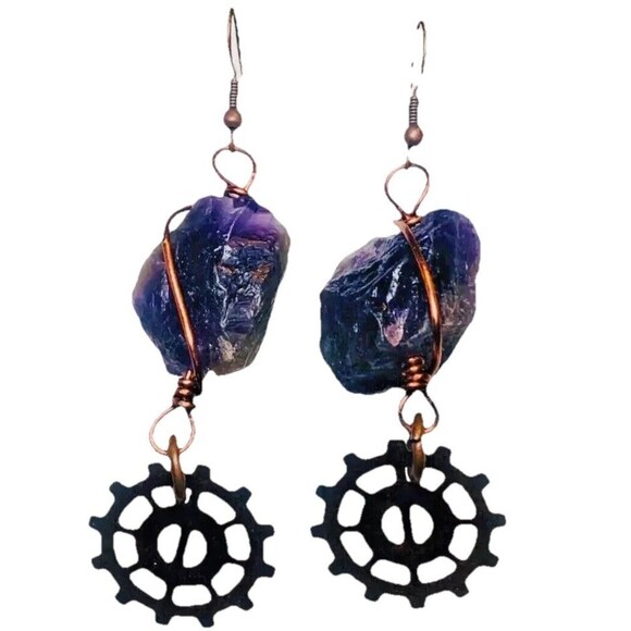 Amethyst Copper Wrapped Dangle Earrings Gear Charm 3" Artesian Steampunk - Picture 6 of 11